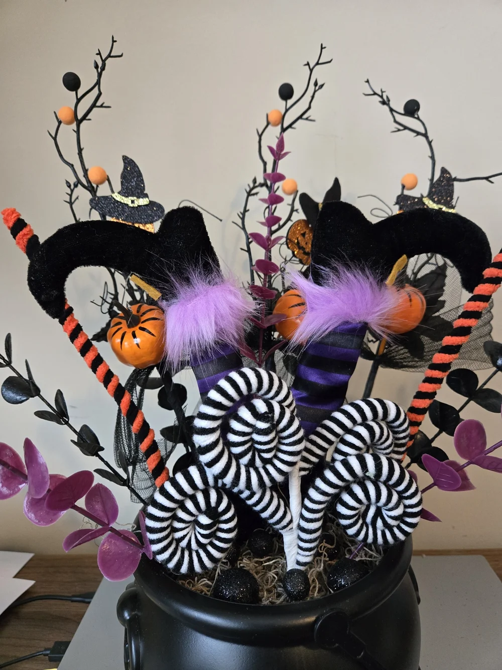 Halloween Witch Cauldron Table Centerpiece - Black, Purple & Orange